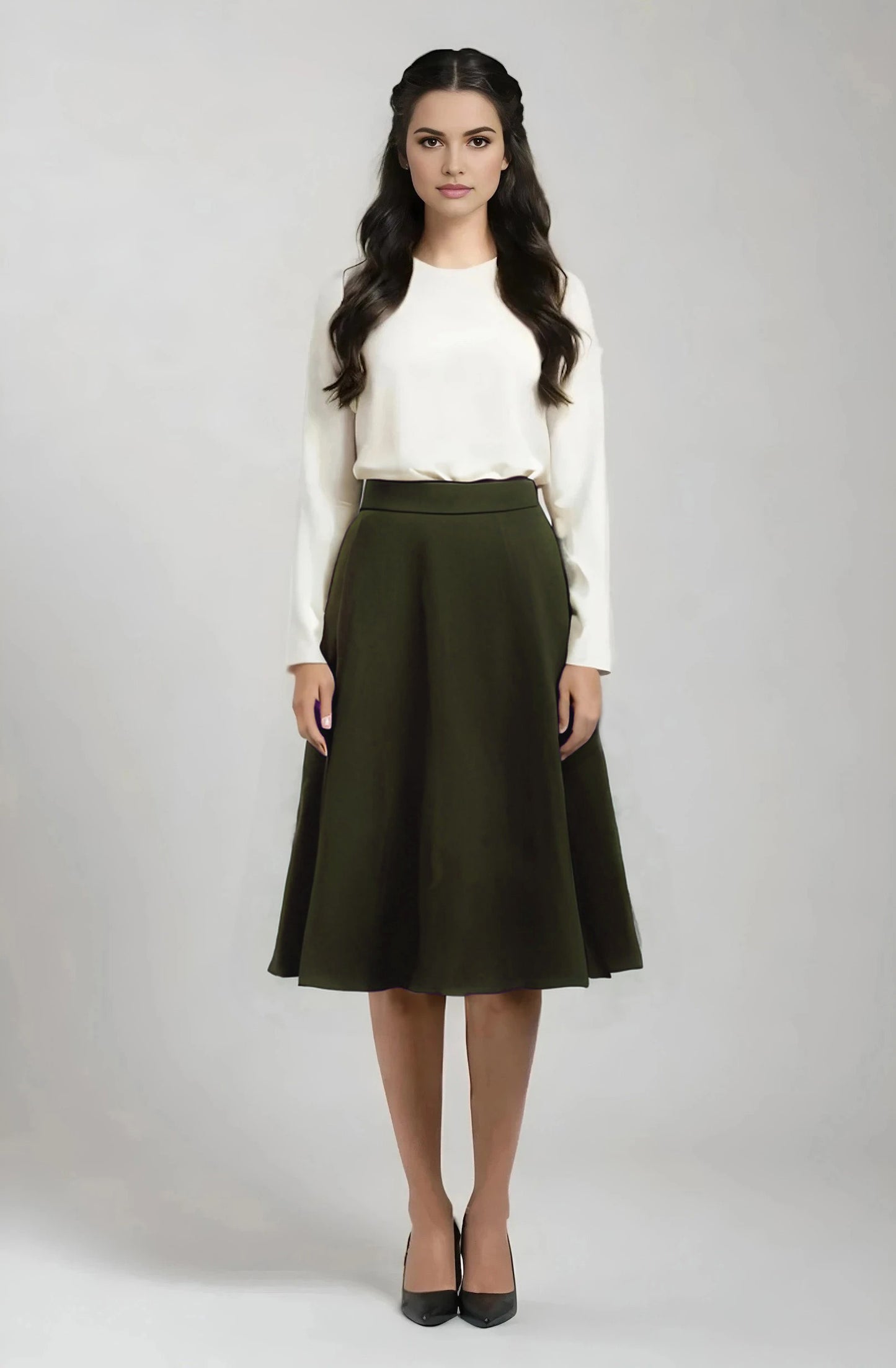 flared knee length wool skirt in khaki