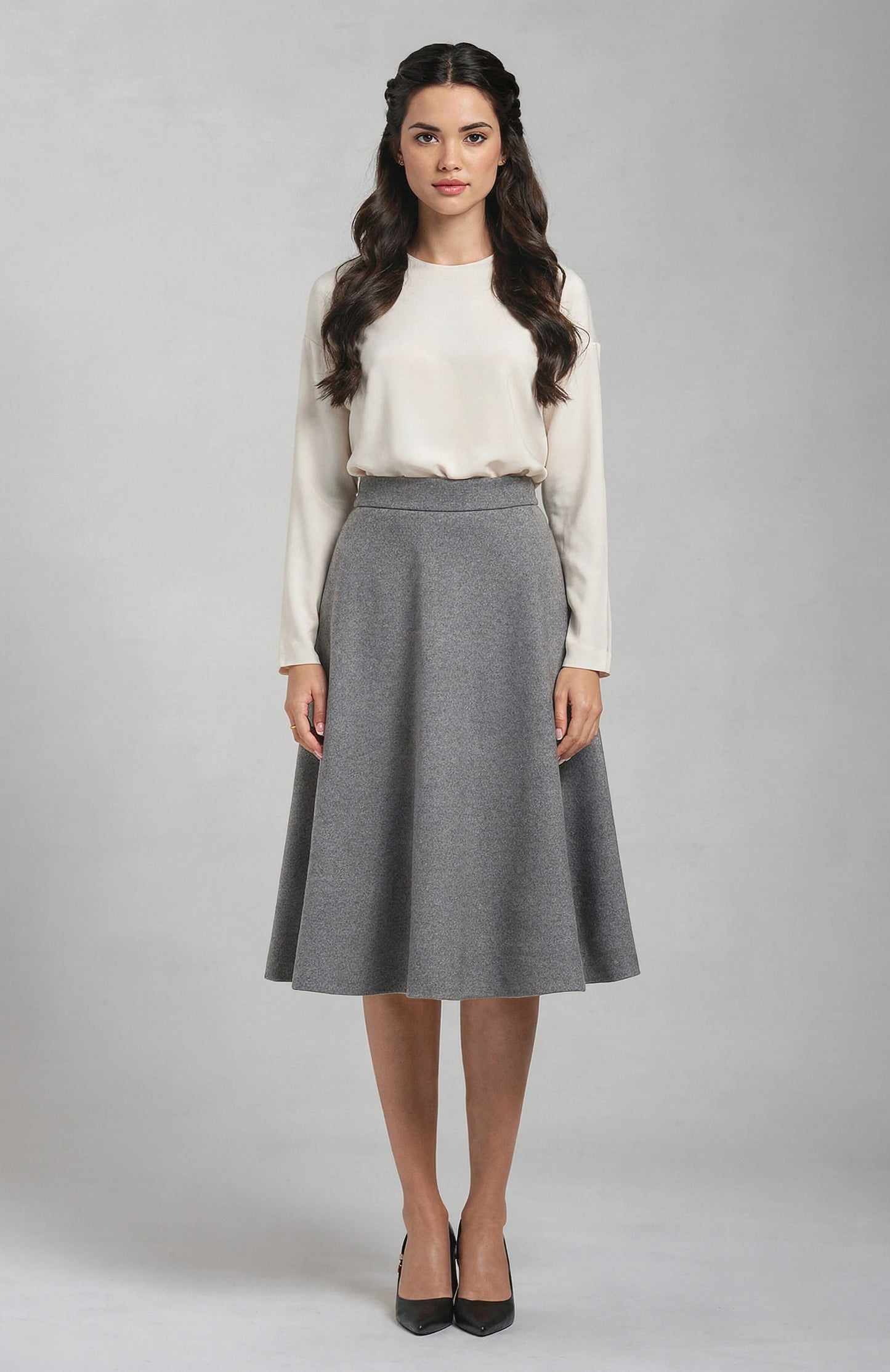 flared knee length wool skirt in light grey