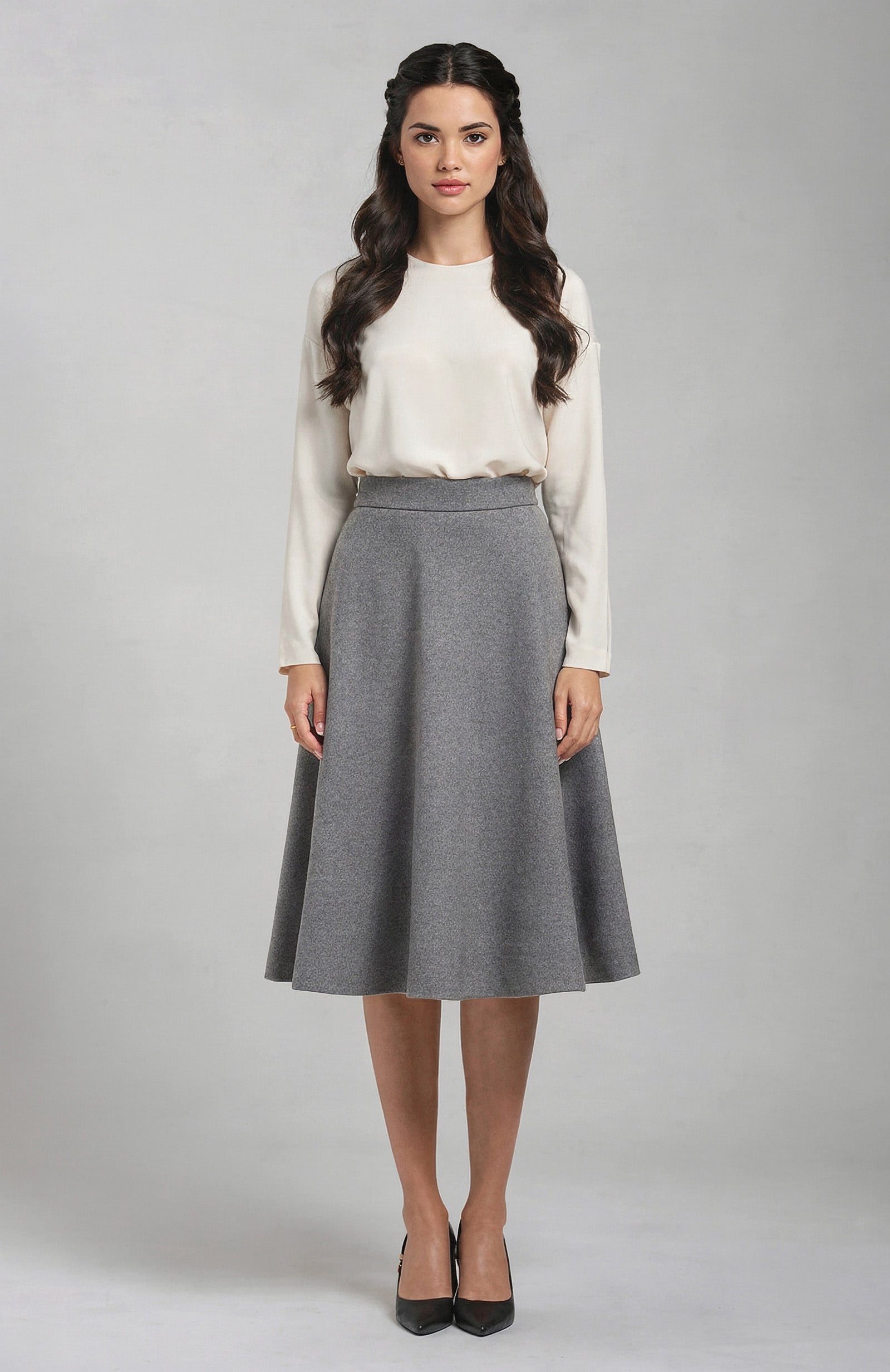 flared knee length wool skirt in light grey