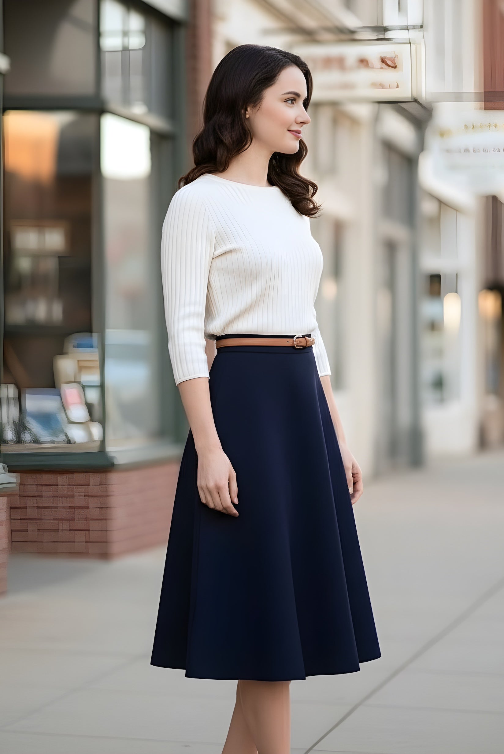 flared knee length wool skirt navy close up
