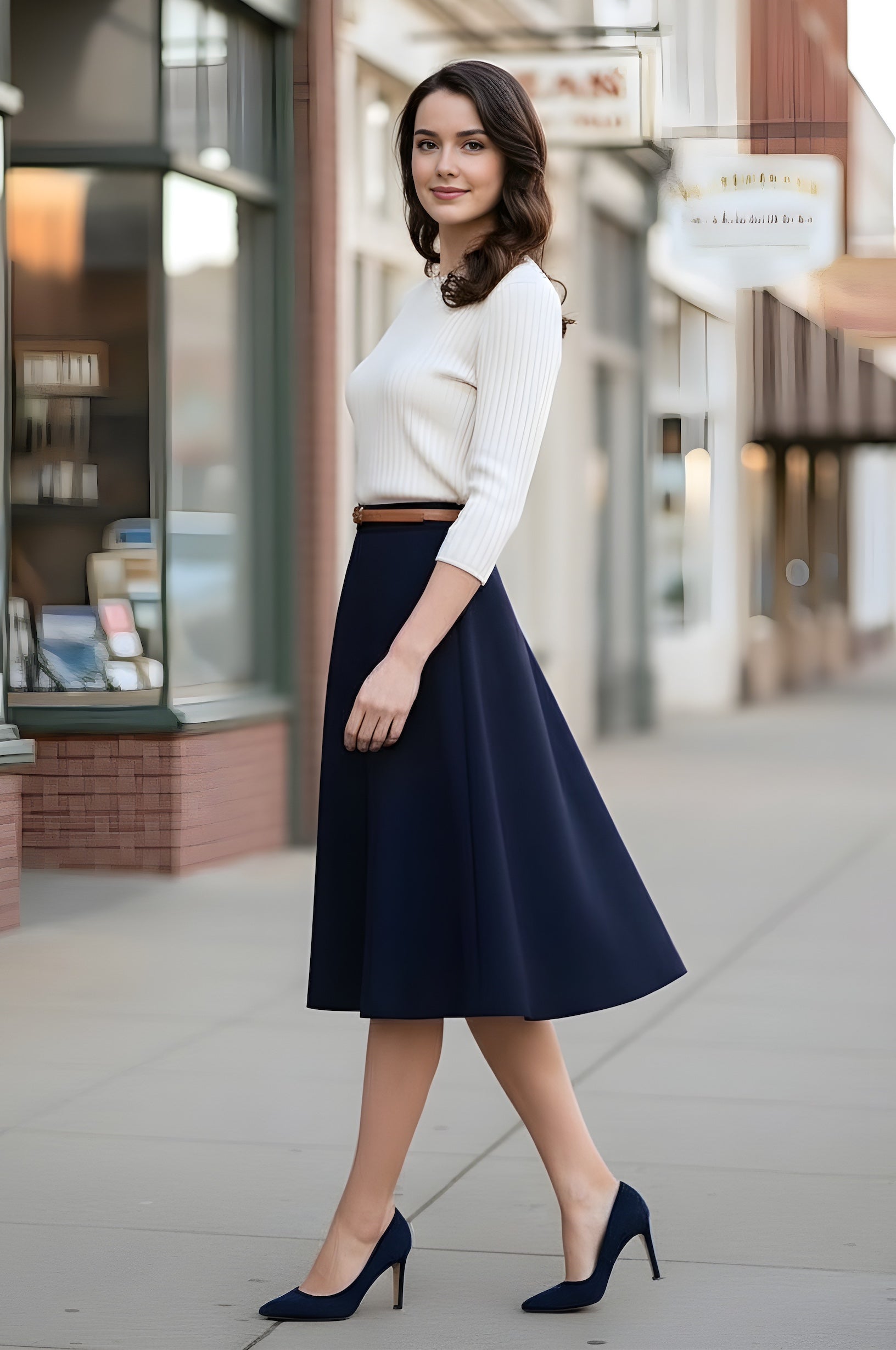 flared wool knee length skirt in navy side view