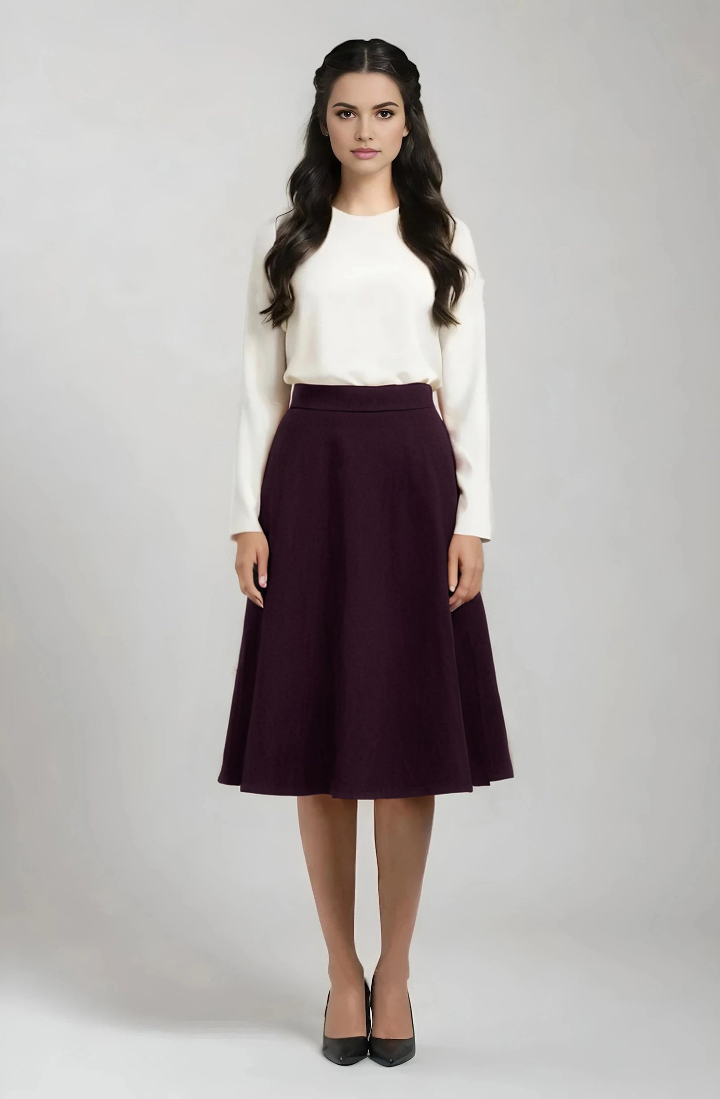 flared knee length wool skirt in purple