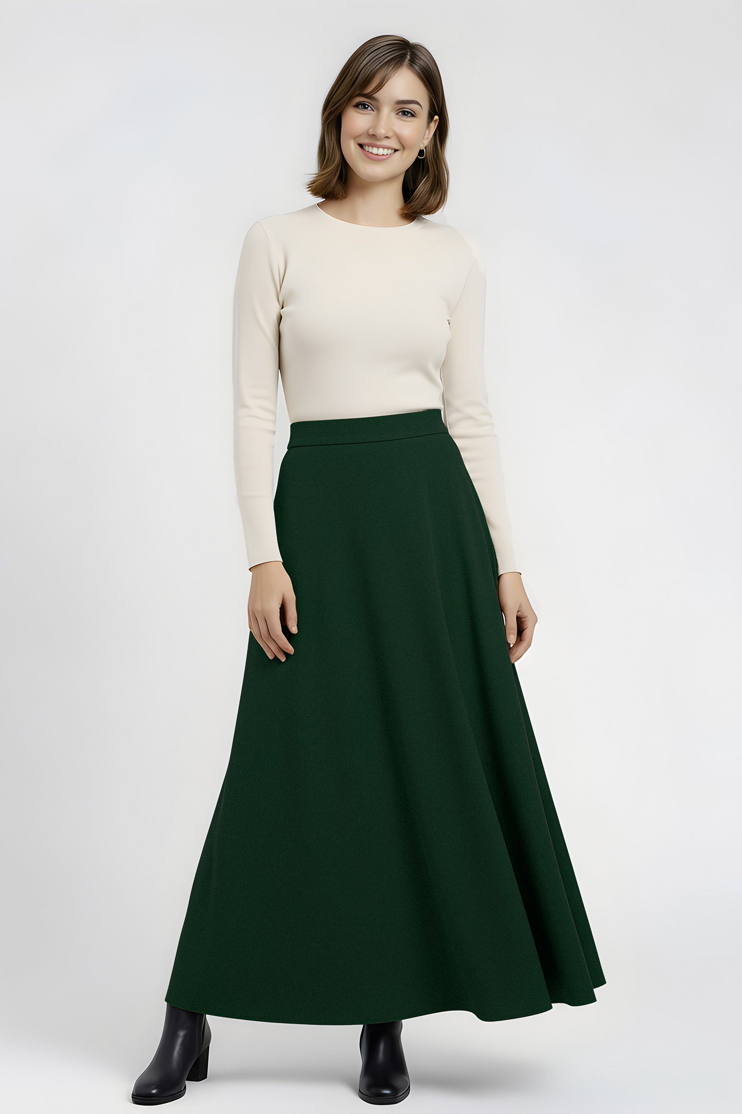 green flared wool maxi skirt