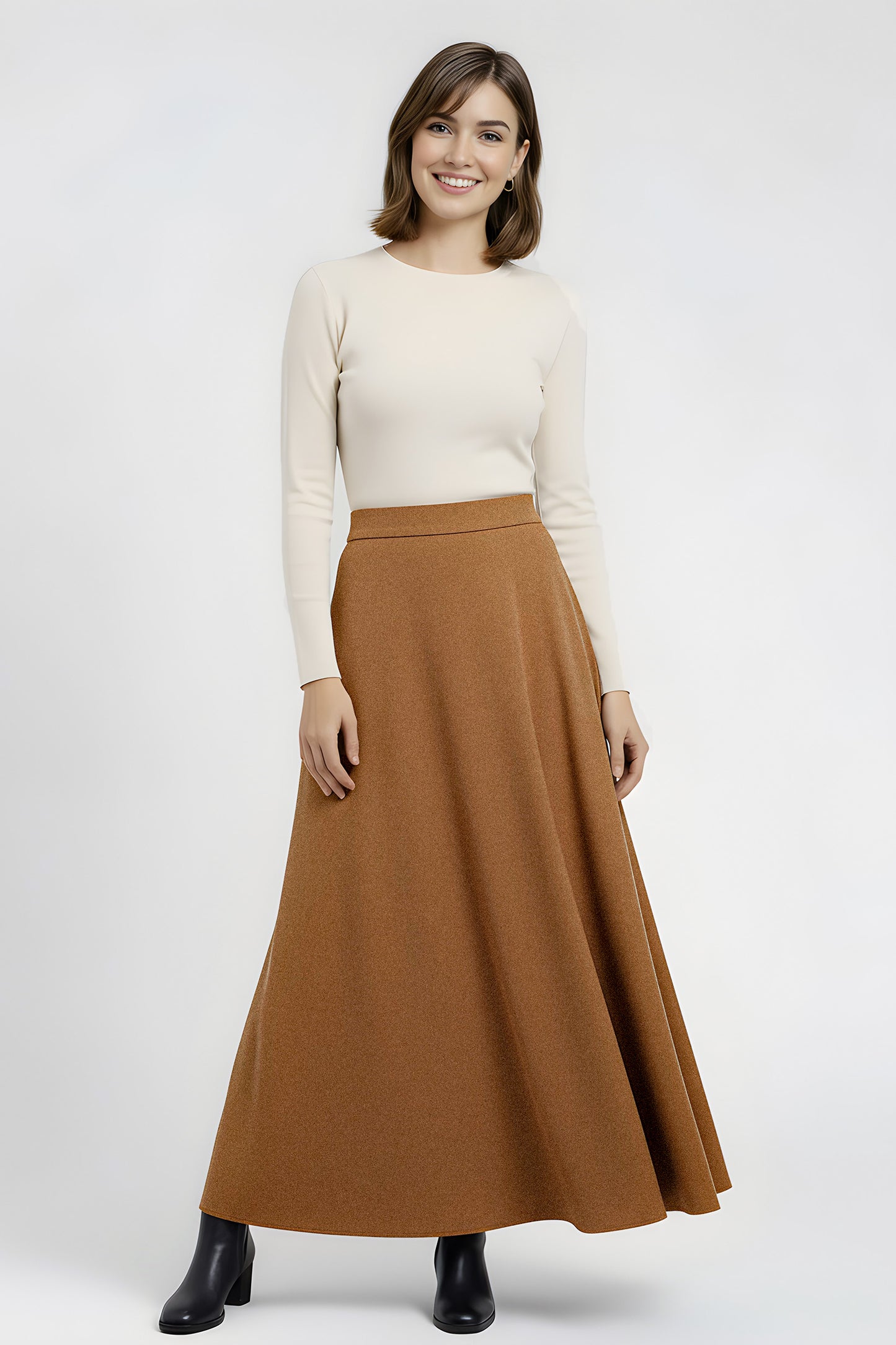 camel flared wool maxi skirt