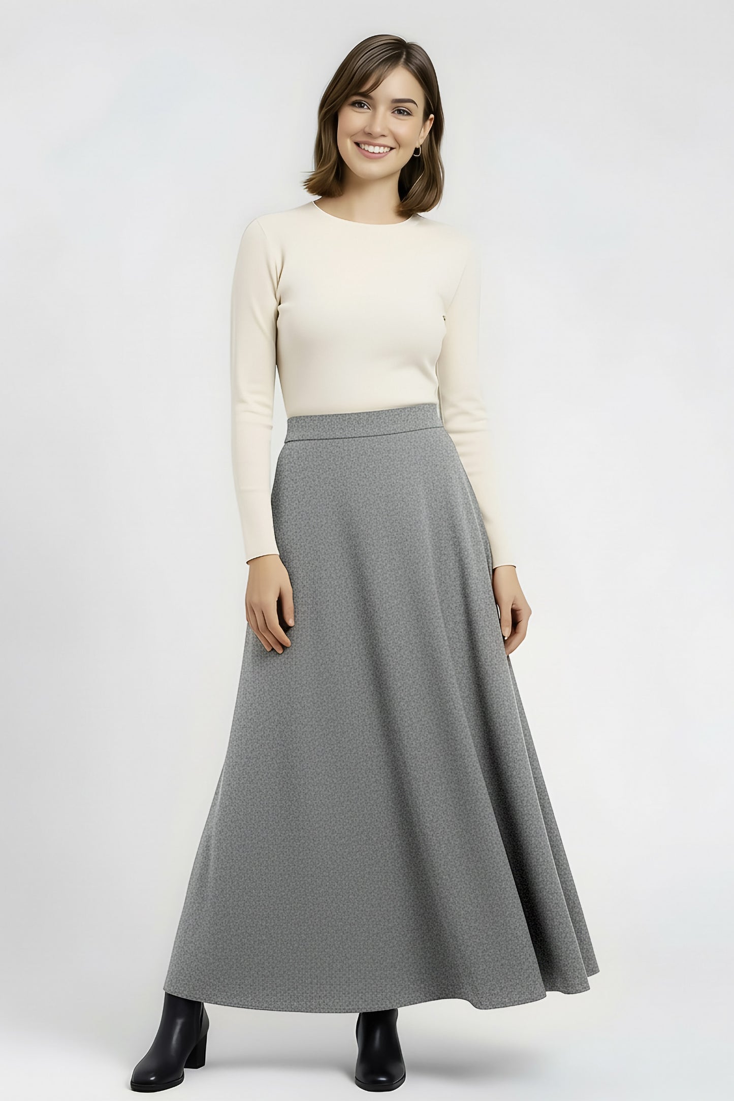 light grey flared wool maxi skirt