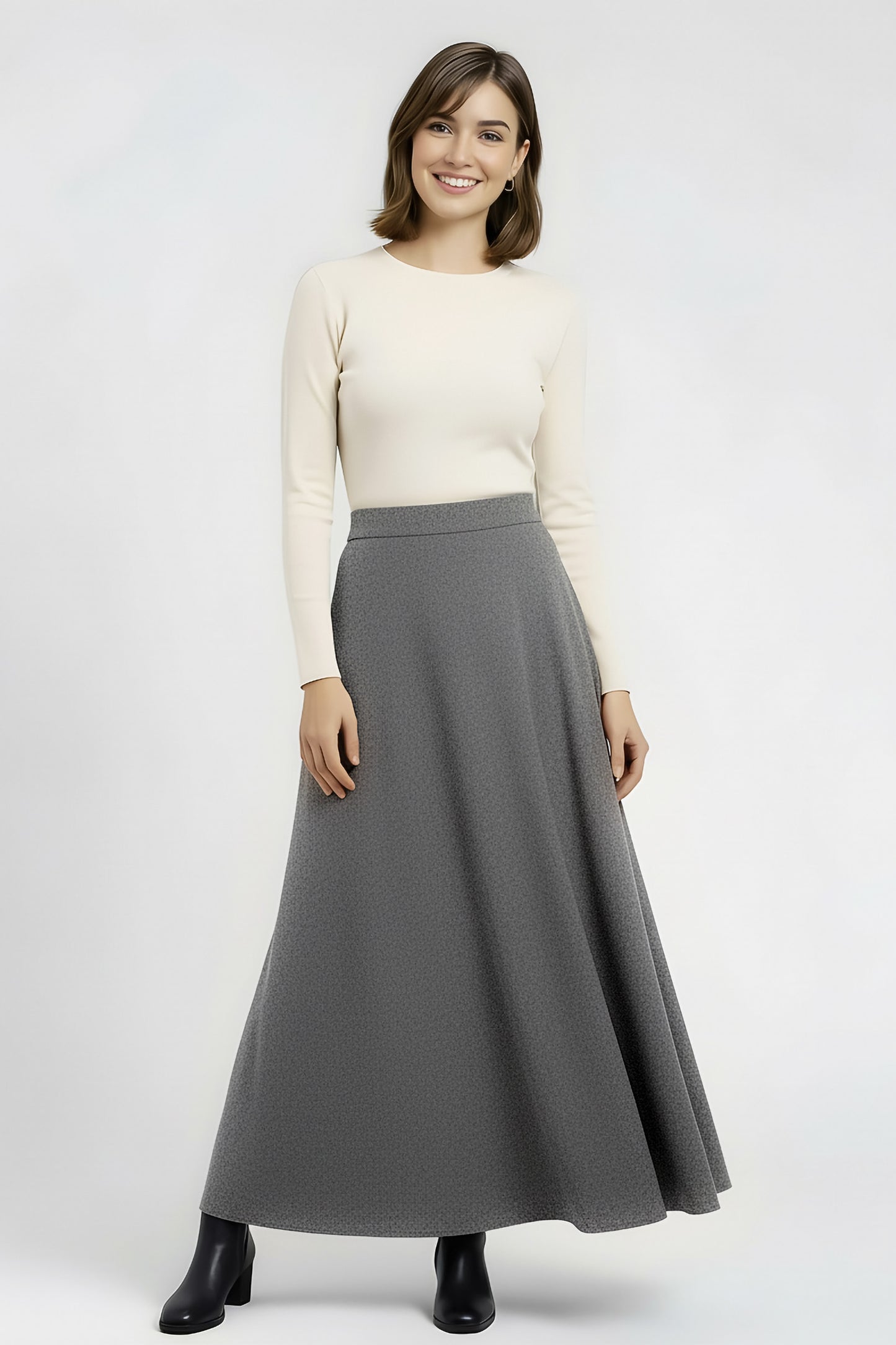 grey flared wool maxi skirt
