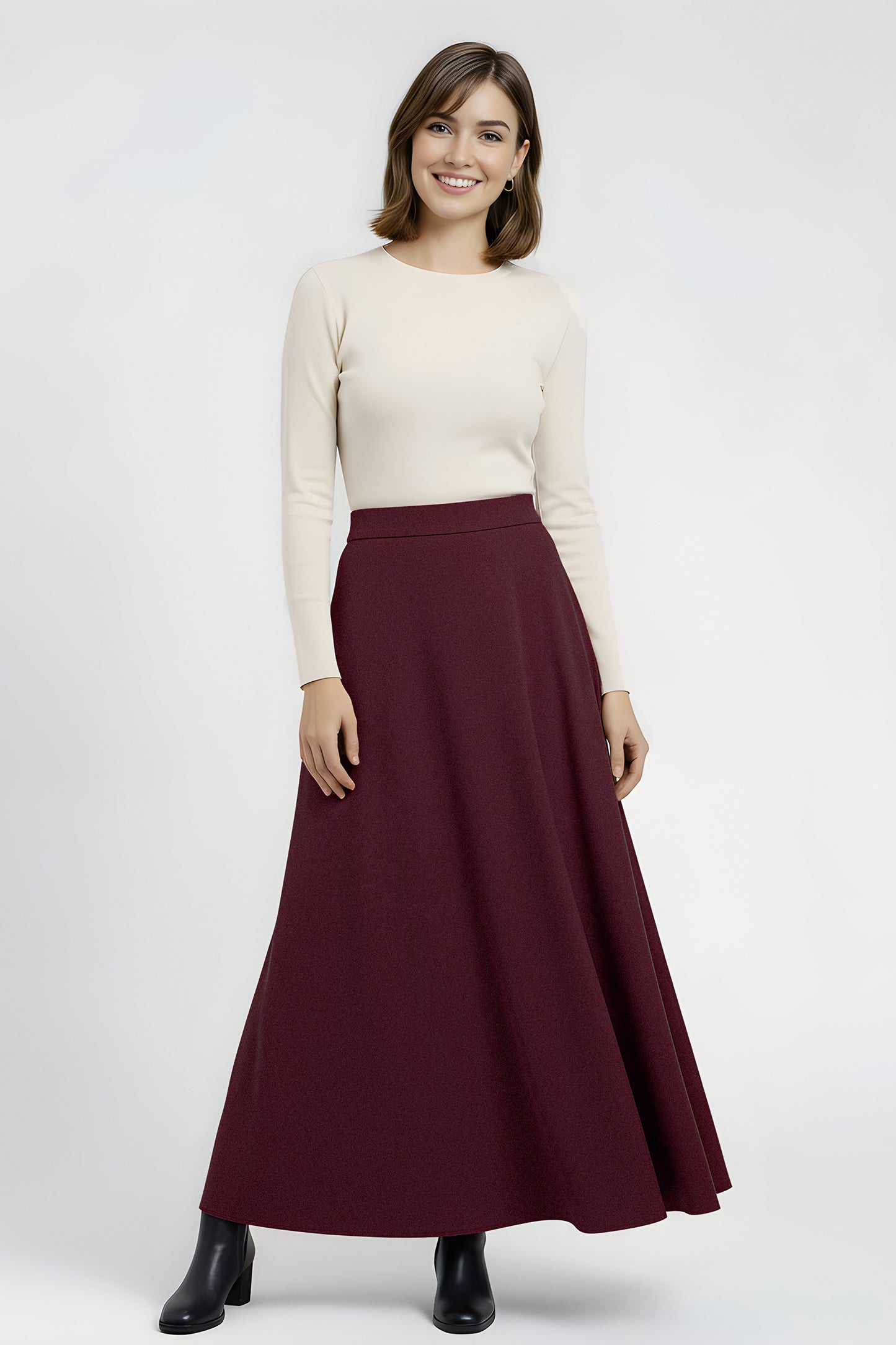 burgundy flared wool maxi skirt