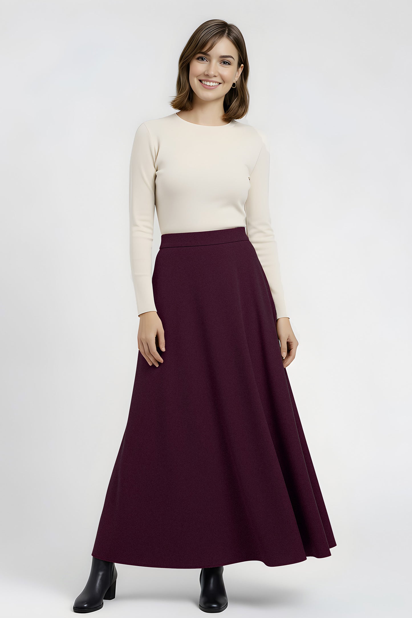 purple flared wool maxi skirt