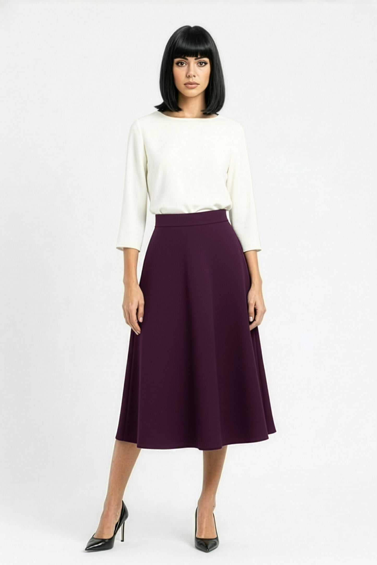 purple flared aline midi skirt in wool