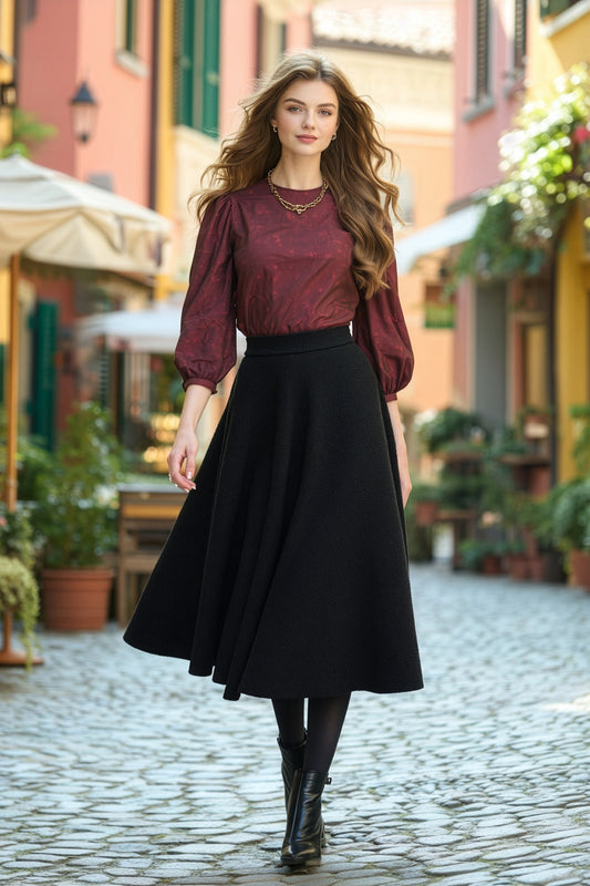 half circle wool midi skirt in black
