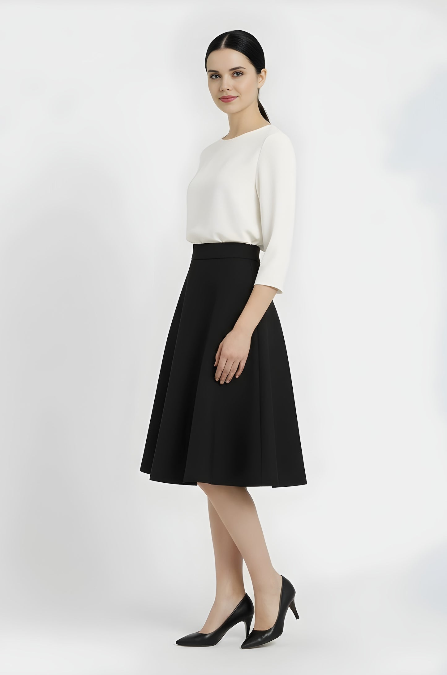 half circle knee length wool skirt in black side view