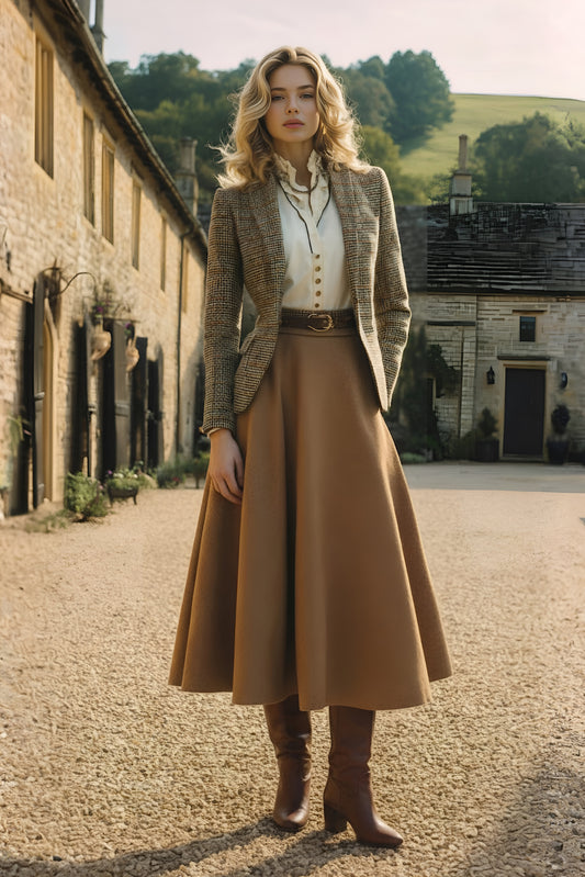 flared wool midi skirt in camel