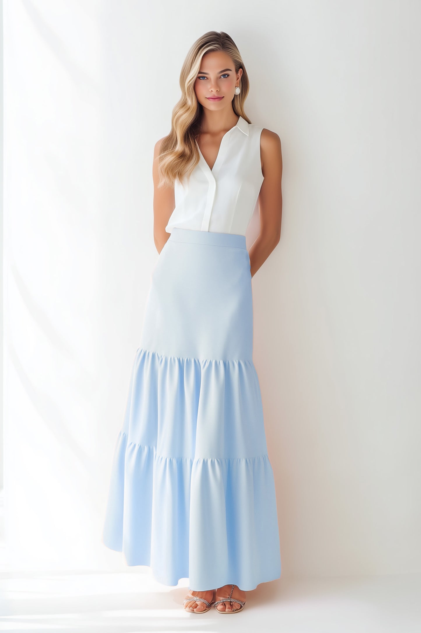 3 Tiered Maxi Skirt in Cotton Poplin - Solid Colors