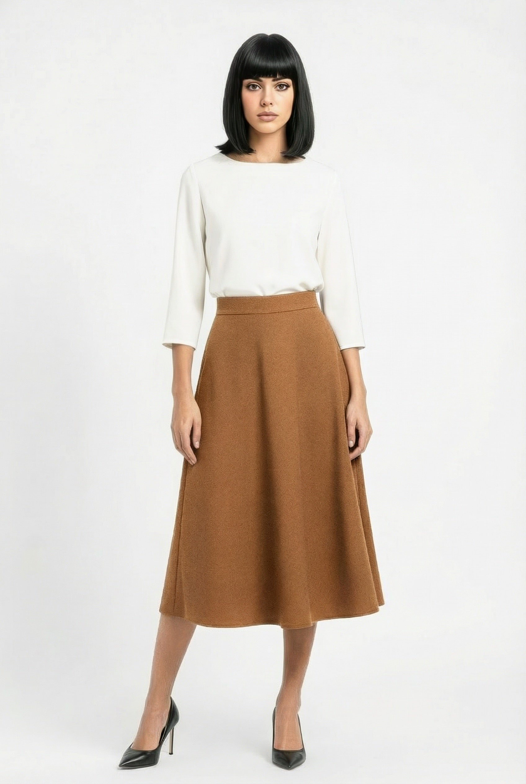 flared wool midi skirt in camel