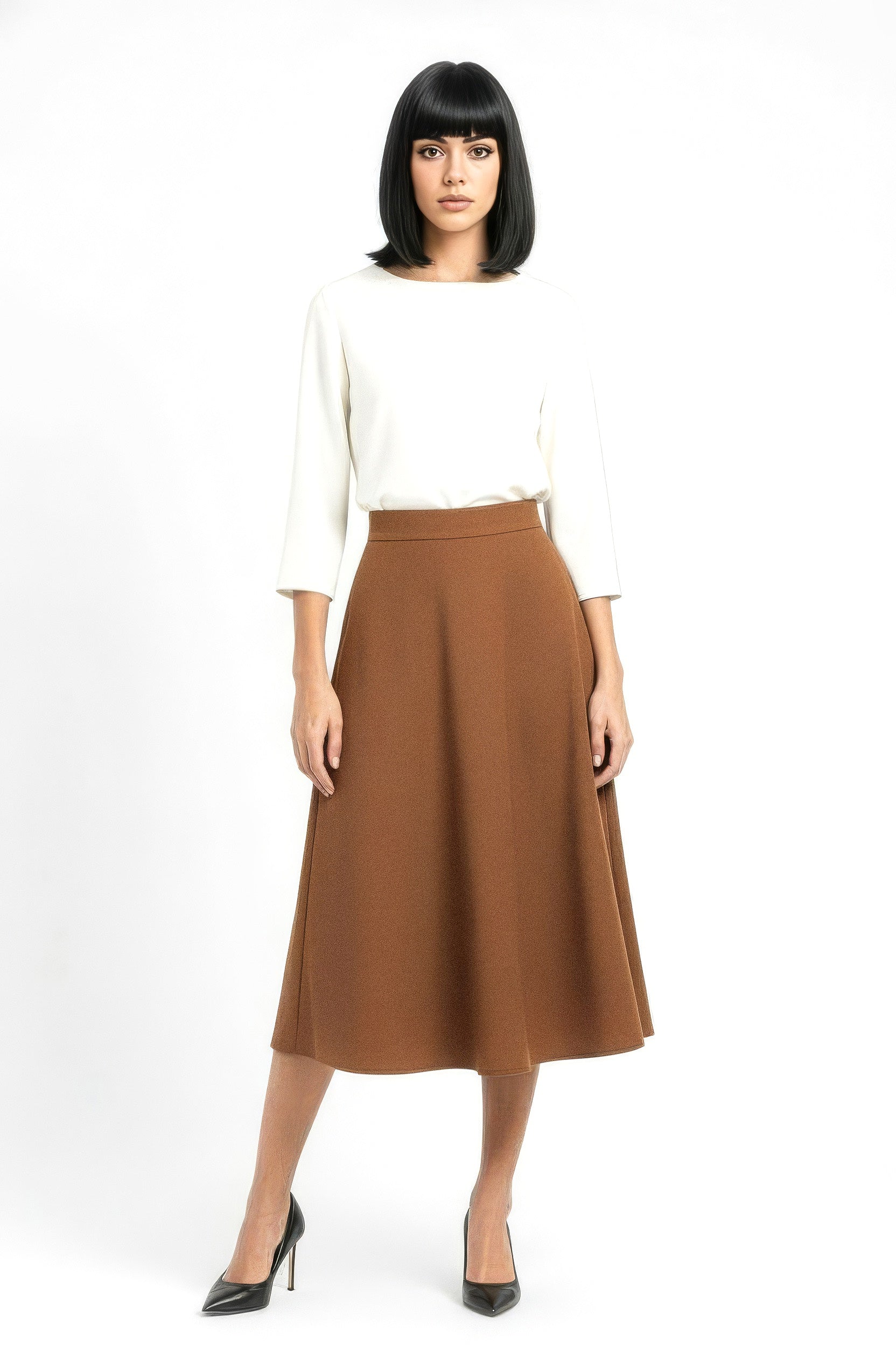 flared midi wool skirt camel