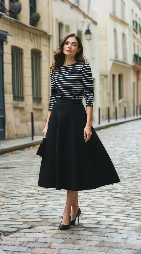 flared black wool midi skirt video