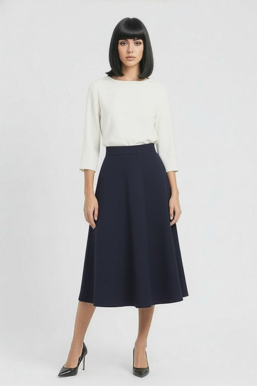 video of aline wool midi skirt in navy blue