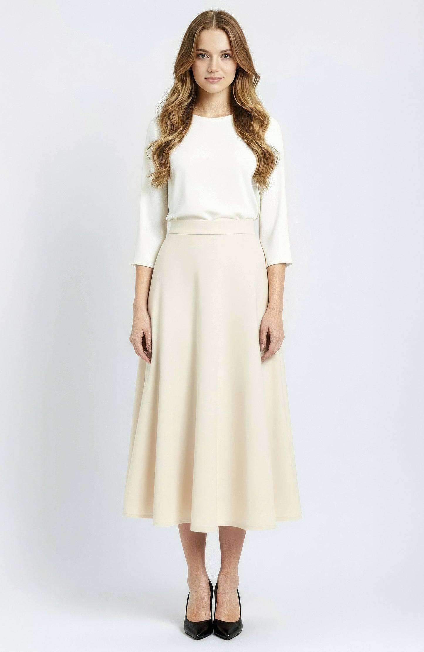 cream wool midi winter skirt