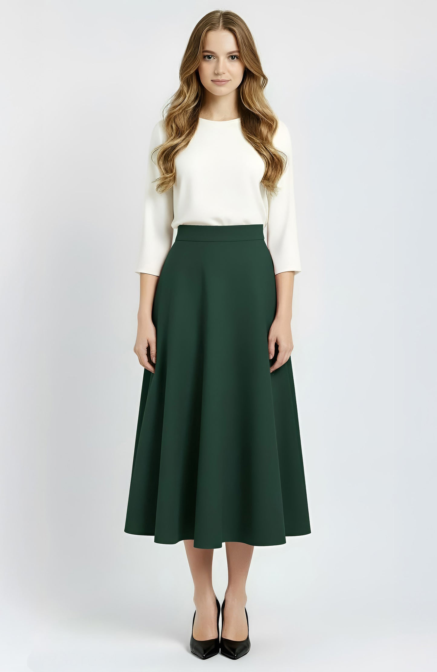 dark green wool midi circle skirt