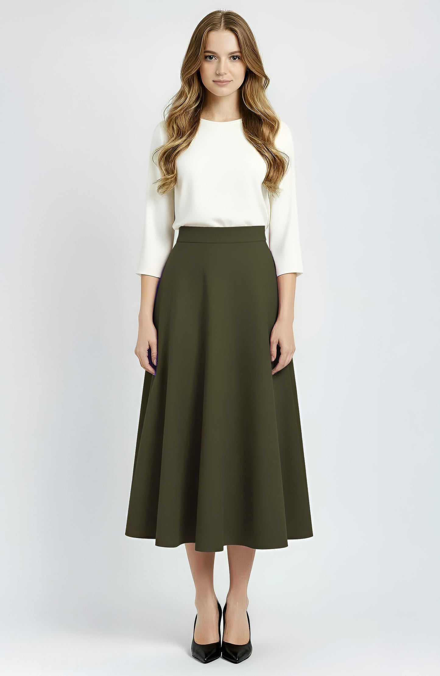 khaki wool midi circle skirt