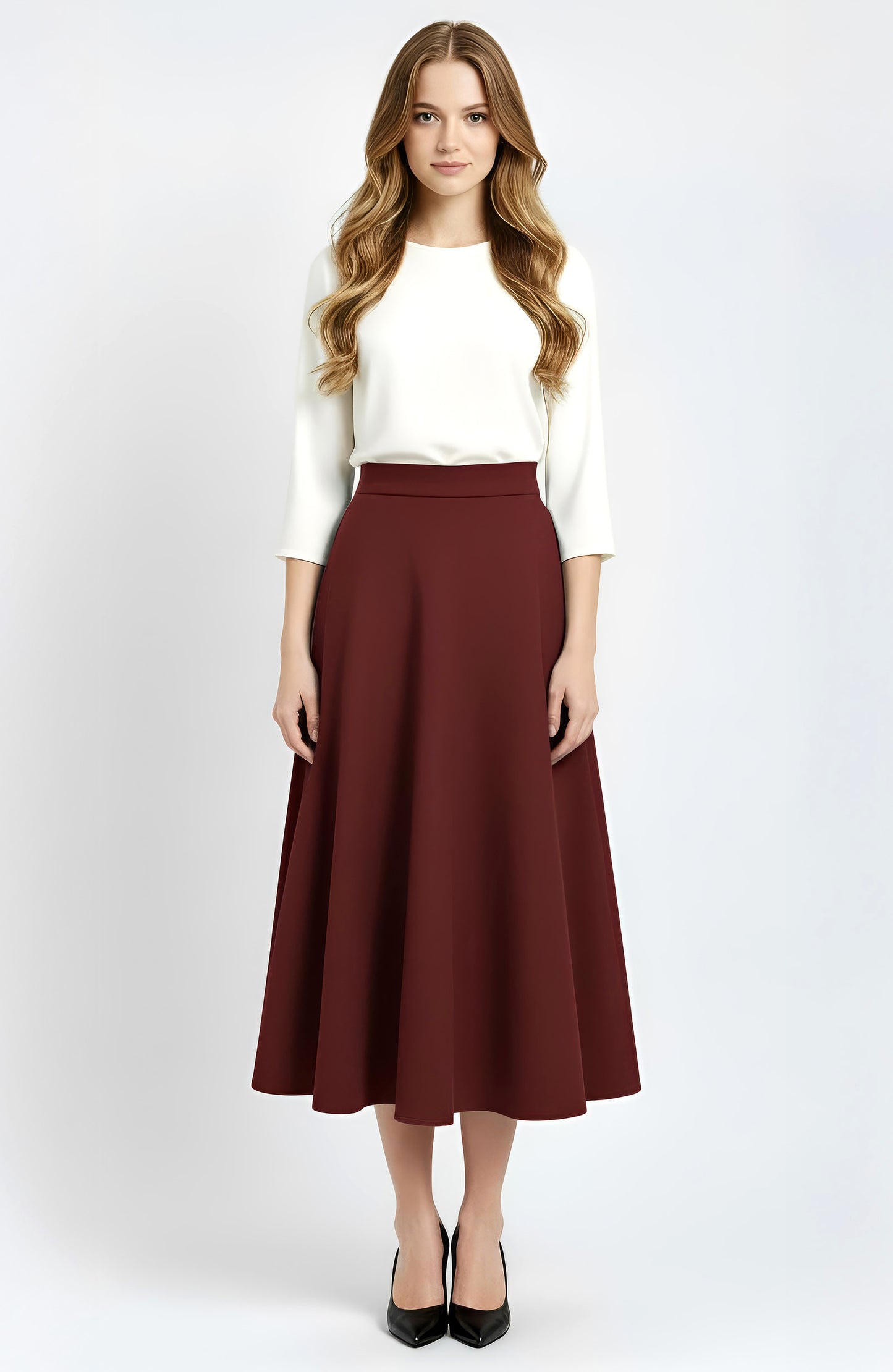 burgundy wool midi circle skirt