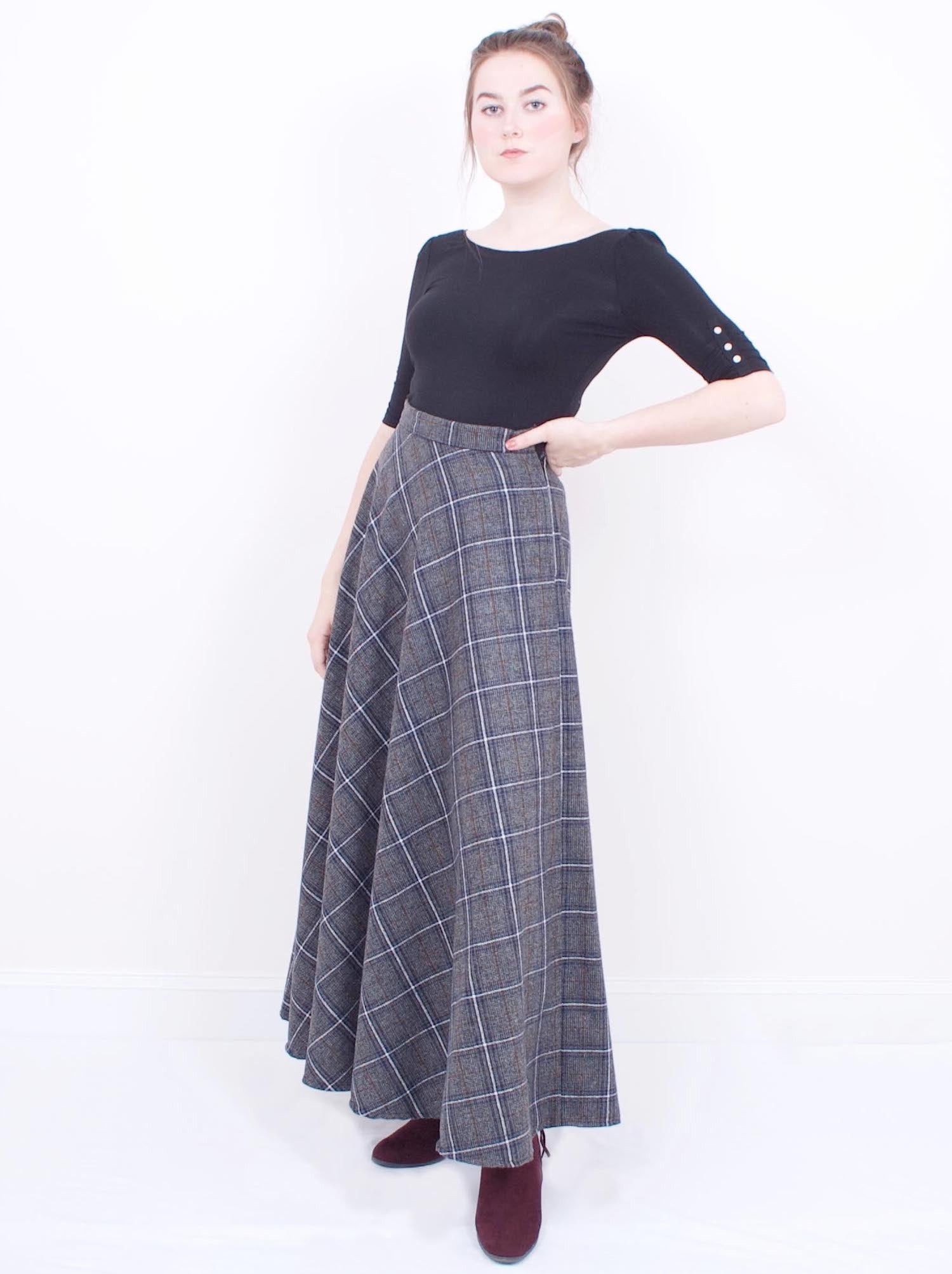 Long Plaid Skirt in Wool Checkered Winter Skirt Sweet Violet